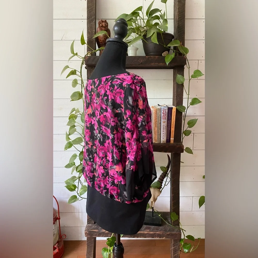 Elle: Pink and Black Floral Blouse with Cami